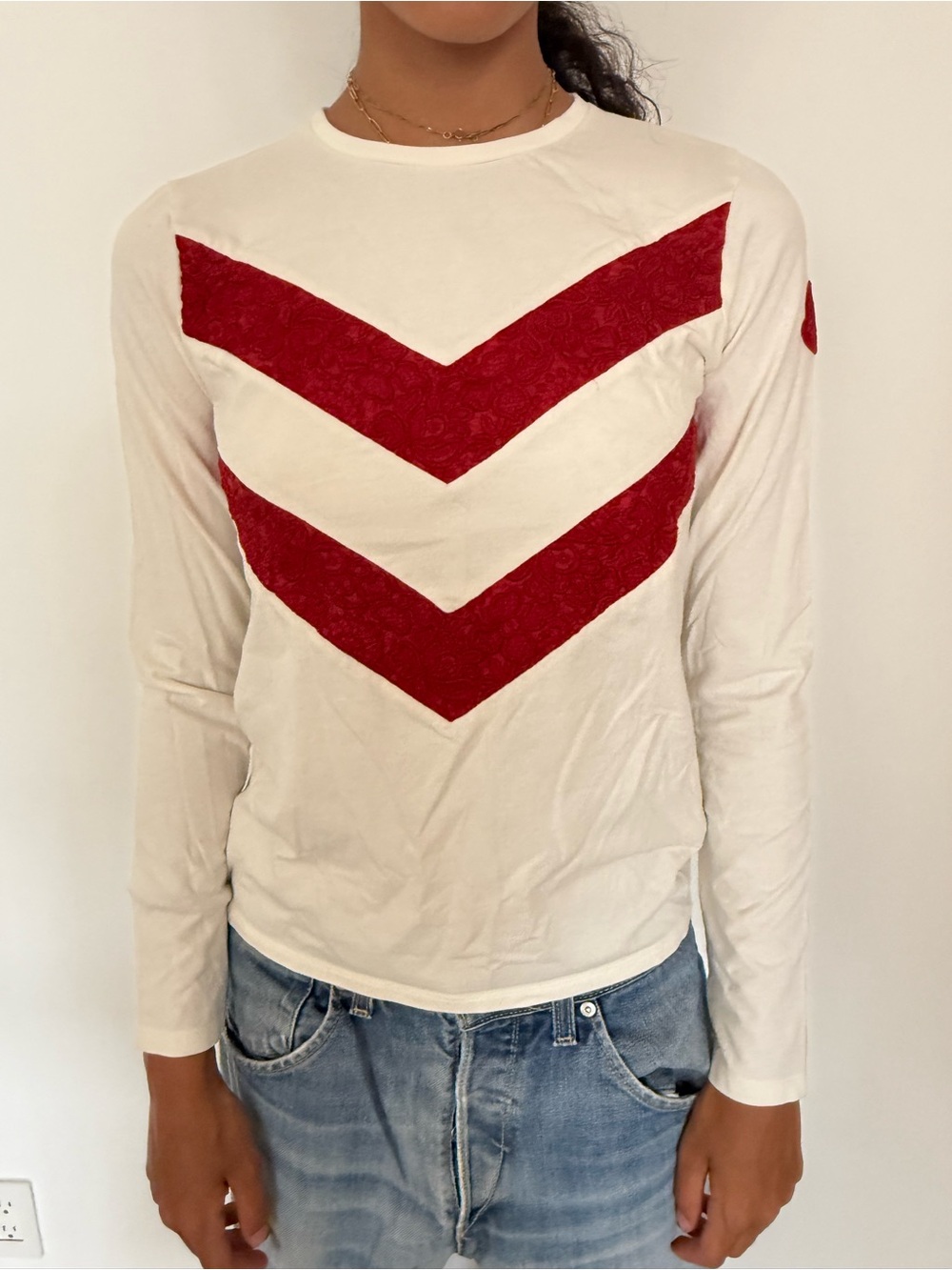 Moncler White Long-Sleeve Top with Red Chevron Stripes